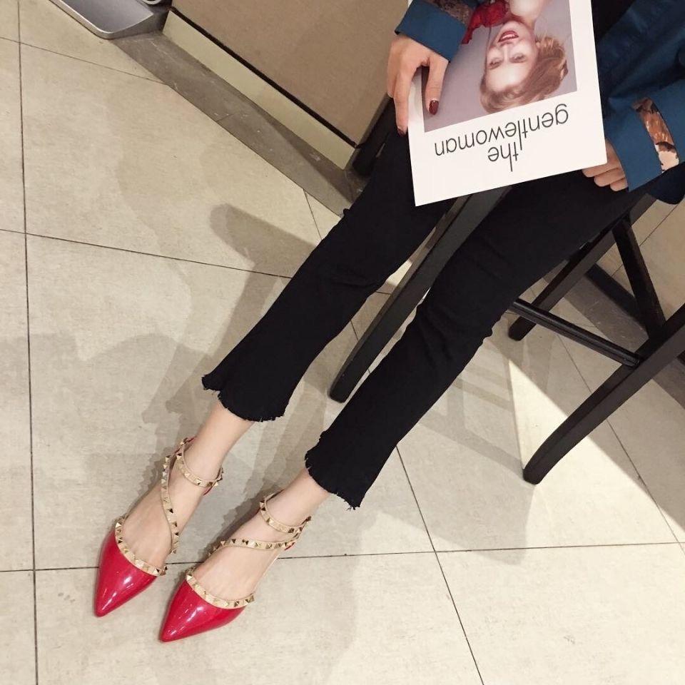 2025 Spring Summer Shoes Women Low Heels Fashion Brand Pointed Toe Rivets Elegant Ladies Heel 3cm Black Red Plus Size 41