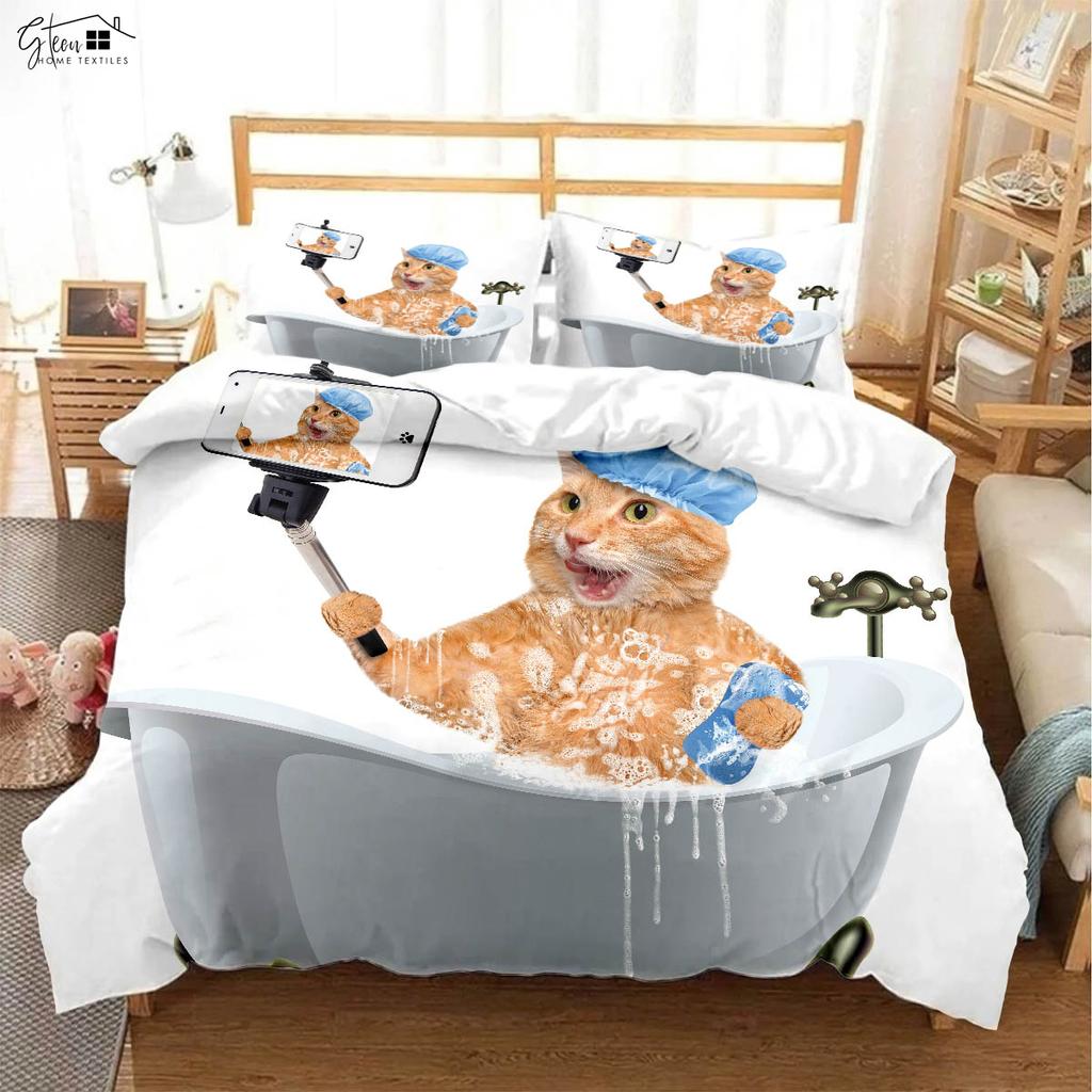 Cute Cartoon Cat Printed Quilt Cover Bedding Set 100% Polyester Duvet Cover Pillowcase Three-Piece Set