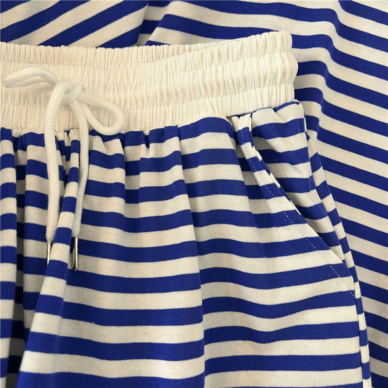 Green Striped Plus Size Women's Summer Two-Piece Set: Short Sleeve T-shirt & Shorts