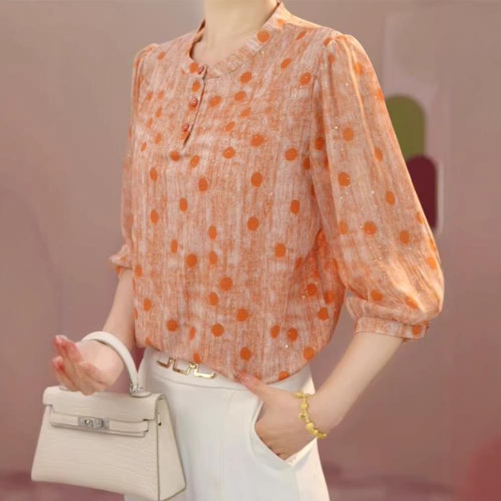 Elegant 2026 Age-Reducing Polka Dot Blouse - Stylish Three-Quarter Sleeve Summer Top