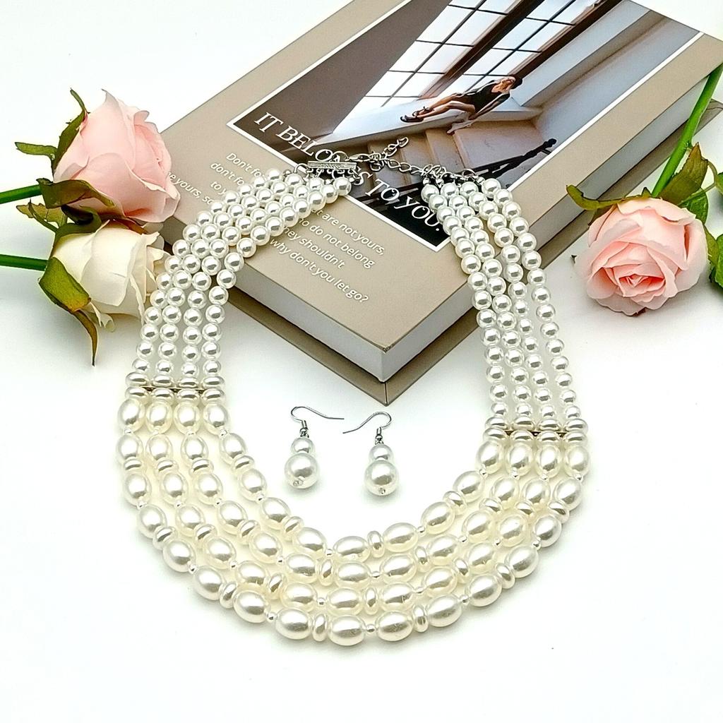Europe and the United States hot sale fashion simple ball party multi-layer pearl necklace earrings set