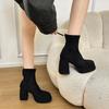 Winter Platform Thick Heels Woman Modern Ankle Boots Round Toe Party Dress Shoes Female Vintage Stretch Slim Short Booties