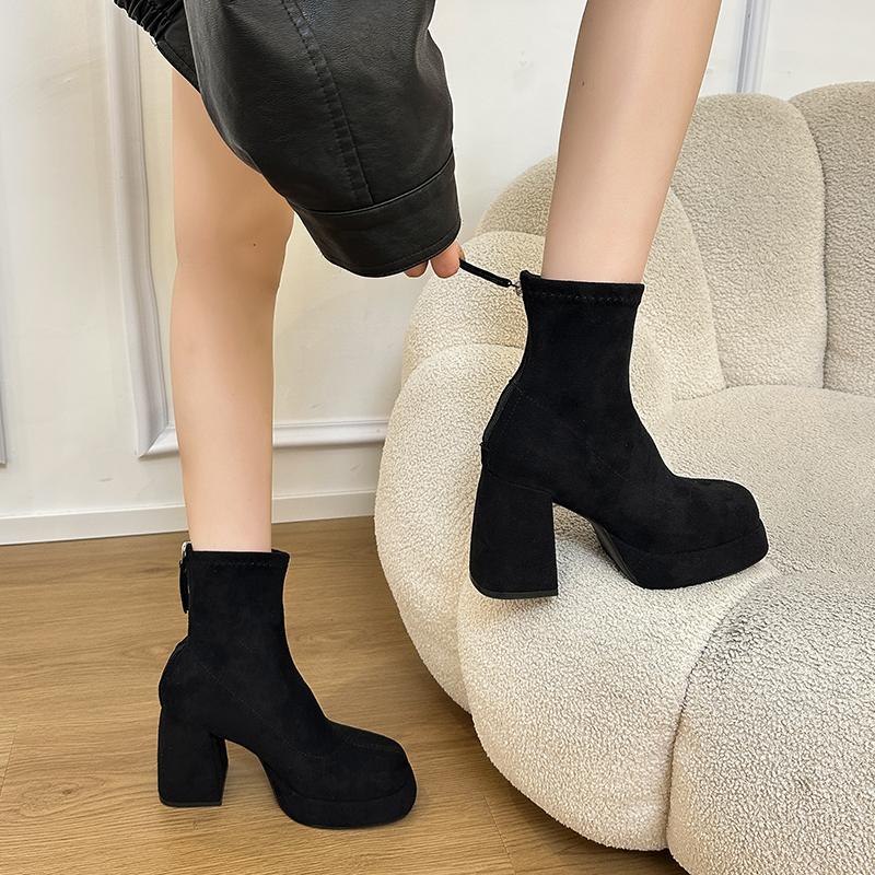 Winter Platform Thick Heels Woman Modern Ankle Boots Round Toe Party Dress Shoes Female Vintage Stretch Slim Short Booties