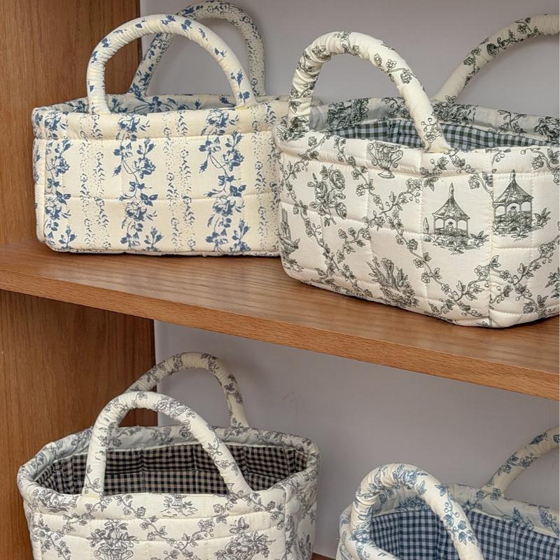 Floral Vintage Organizer Basket With Handle Portable Home Storage Basket For Living Room Kitchen Countertop