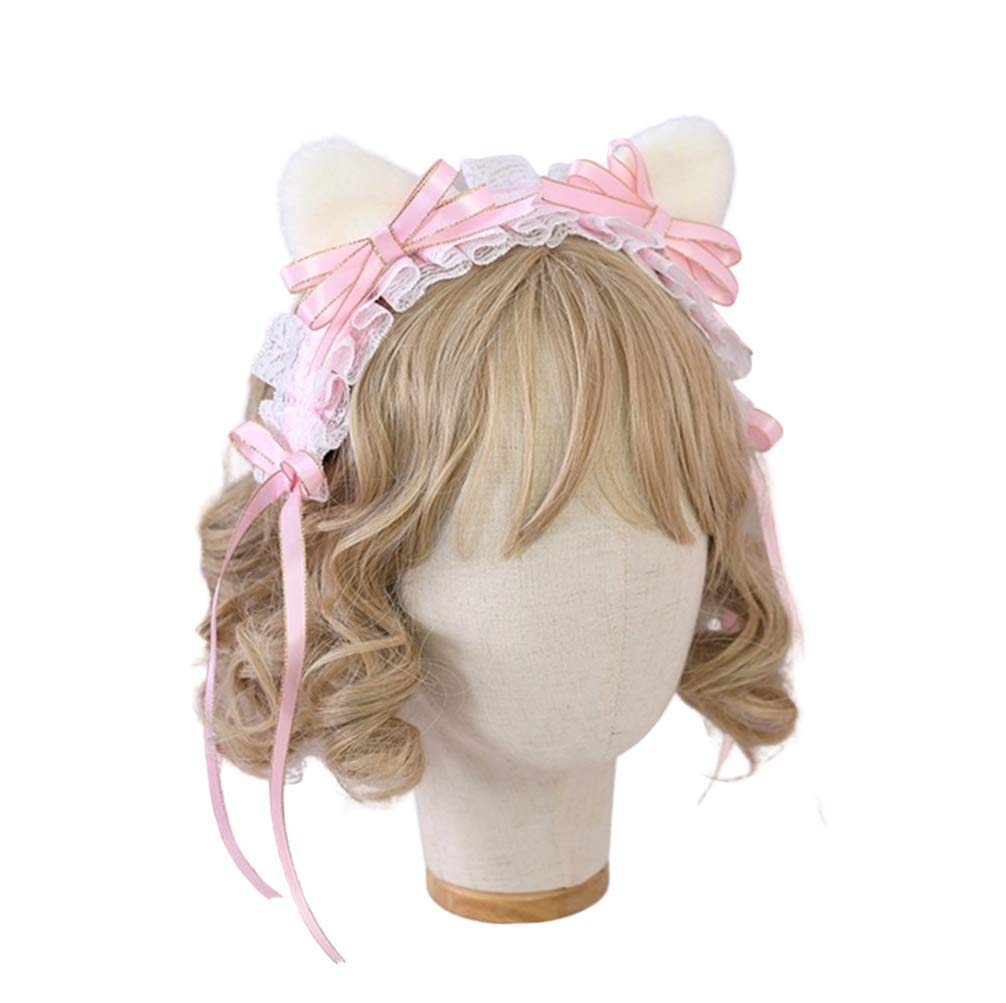 [SRrabbit] 3-Way Cat Ear Headband, Lolita Cat Ears, Super Cute Cat Ear Maid Headband with Ribbon, Cosplay (Baby Pink)