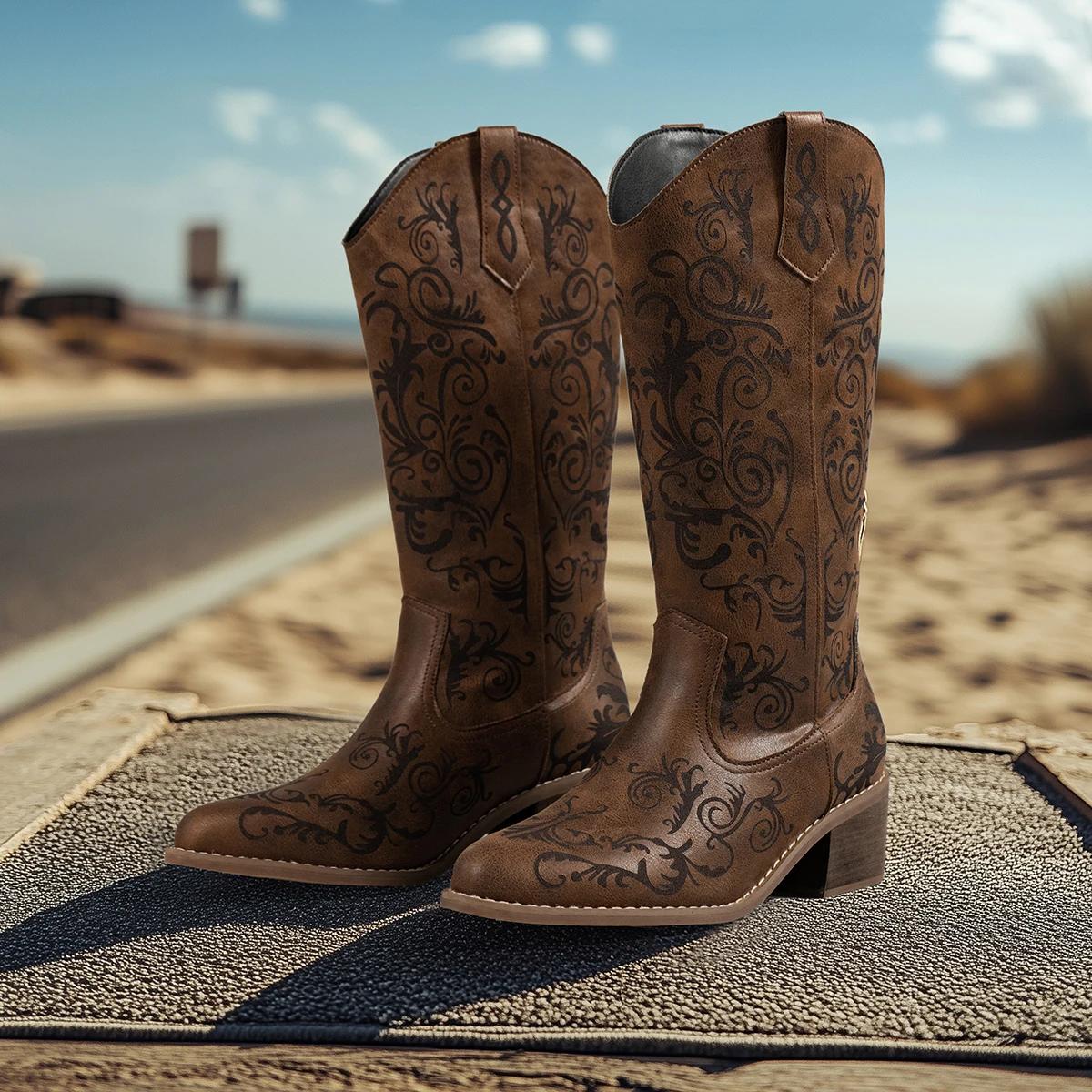 Fashion The 2025 Winter New Round-toed Thick-heeled Long-leg Knight Boots and Retro Embroidered V-neck Western Cowboy Boots 36 4843₽