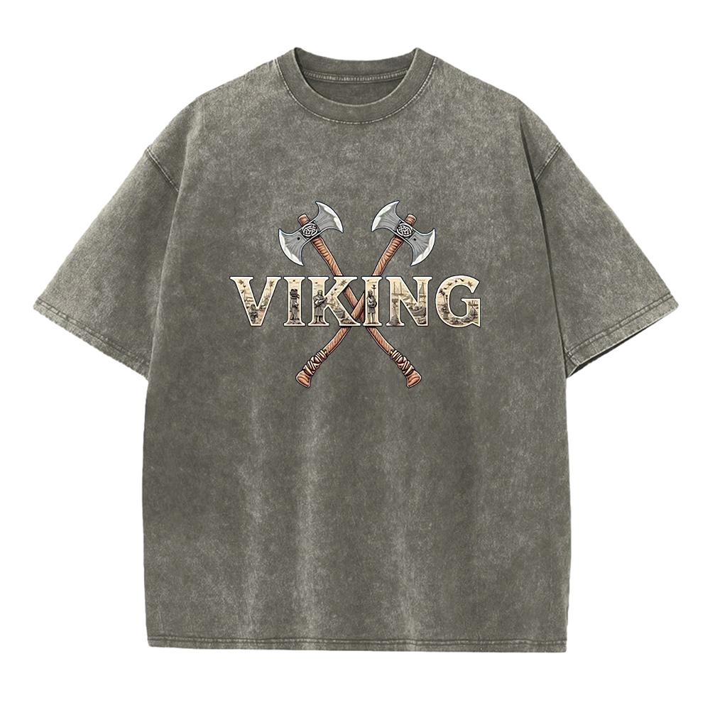 

Mens Distressed Washed T Shirt With Viking Axe Print Retro Street Style Fashionable Casual Pure Cotton Short Sleeve Top 2XL