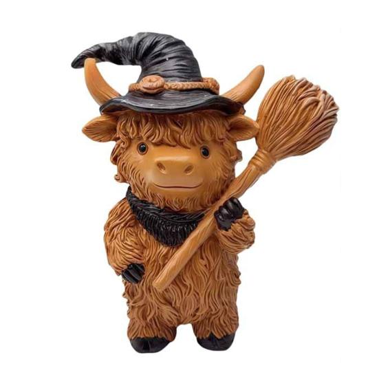 Highland Cow Resin Figurine Halloween Christmas Highland Cattle Cat Statue Animal Sculpture Holiday Party Decoration Ornament