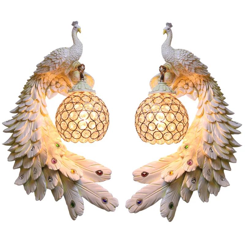 Nordic Retro Dual Color Peacock Wall Lamp Creative Gold White Lamps LED Crystal Metal Light Corridor Decoration