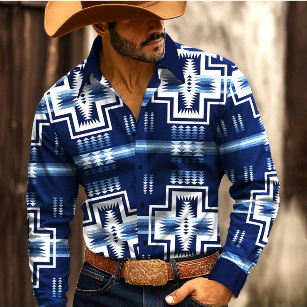 Men's Geometric Pattern Printed Long Sleeve Shirts Casual Cardigan New Button Holiday Fashion Shirts