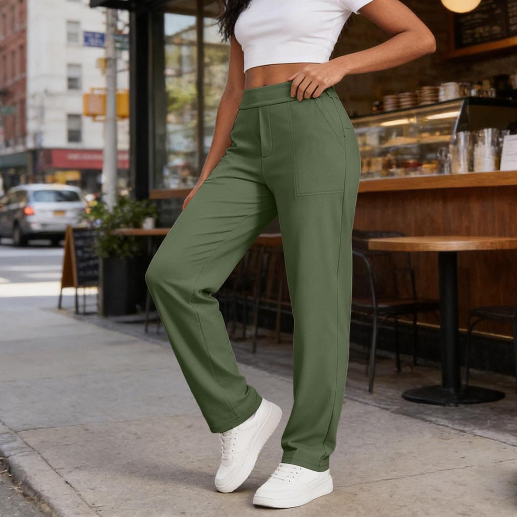 Women's Fashionable Color High Waisted Elastic Straight Leg Casual Pants With Pockets, Yoga And Fitness Pants