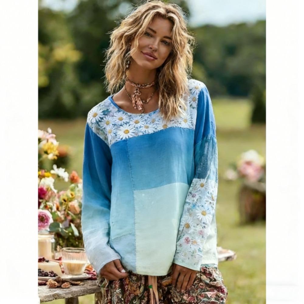 Spring Women's T-shirt Europe America Fashion Floral Print Pullover Bohe Style Women Long Sleeve T-shirt Outdoor Casual Tees Top