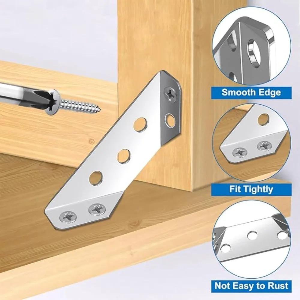 8/20/30Set Furniture Corner Connector Stainless Steel Angle Code for Cabinet Angle Shelf Support Fixed Brace Kits with Screw