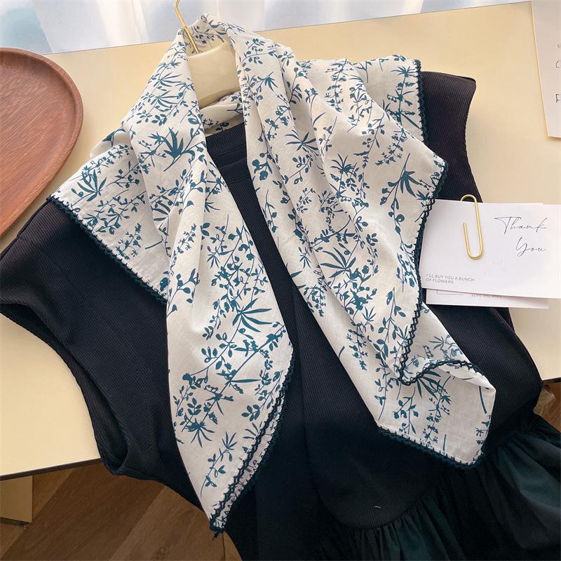 Women's Retro Floral Silk Cotton Scarf: Black Rice Square, Hair Band, Neck Warmer, Headscarf - Spring/Summer.