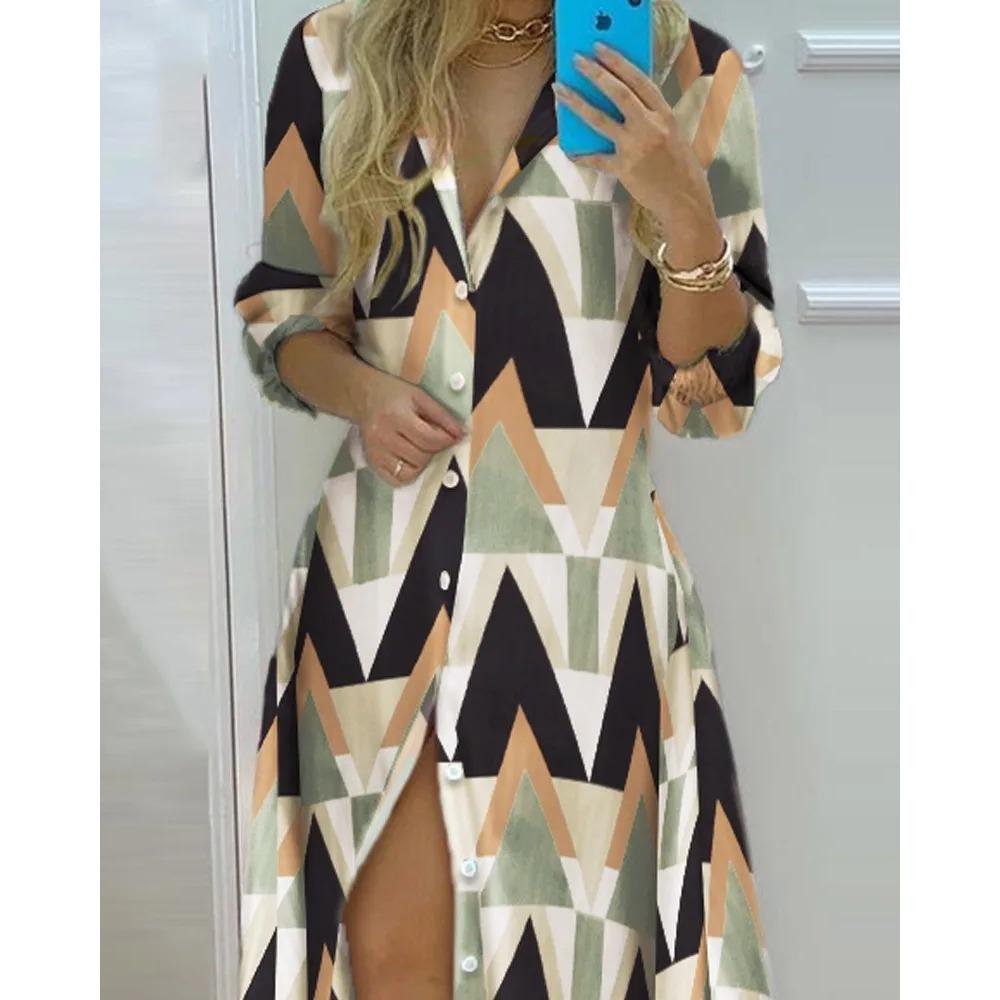 Frühling Herbst Sexy Polokragen-Shirtkleid Damen Langarm Retro-Stil Personalisiertes Druckkleid Lässiges Shirtkleid