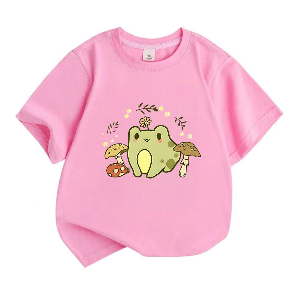 Kids Boys Girls 100% Cotton Crew Neck Short Sleeve T-Shirt, Cute Cartoon Frog with Flower Mushroom Print Casual Soft Summer Tee for Children Daily Wea