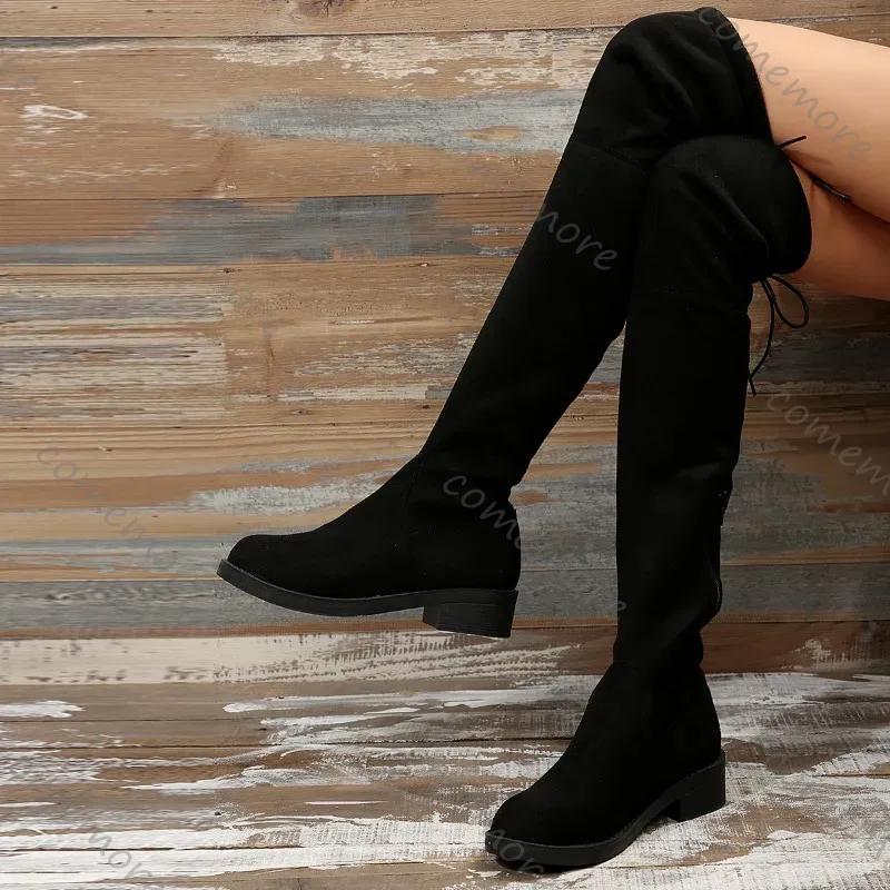 Comemore Over The Knee Boots Women Autumn Winter Short Plush Long Boots Woman Black Flock Low Heel Thigh High Botas