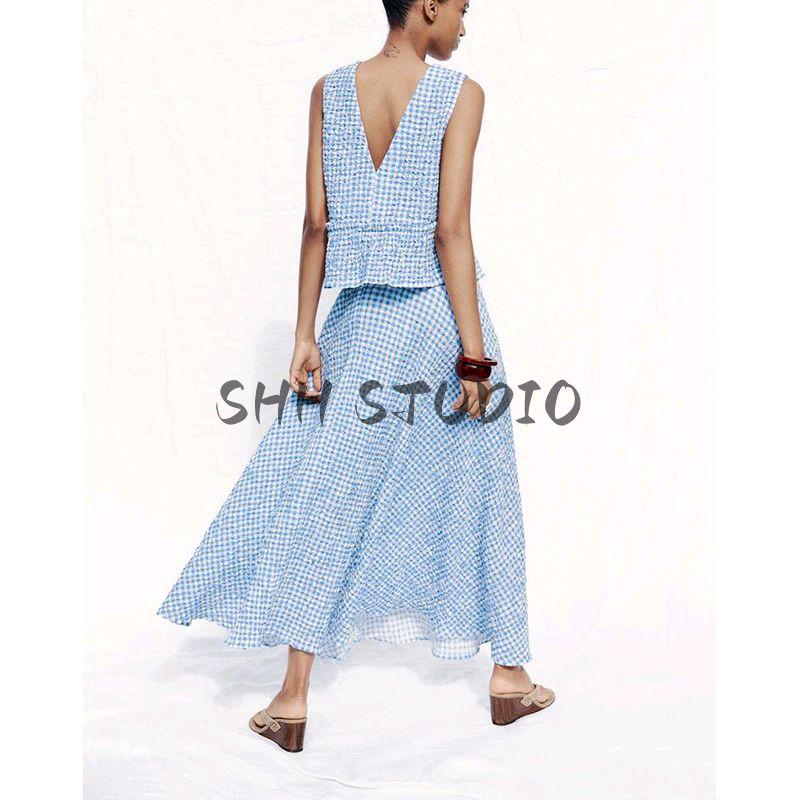 Bows Series Elegance Sleeveless V Neck Tops 8741094 Small Plaid Midi Skirt Cape Skirt 8741804