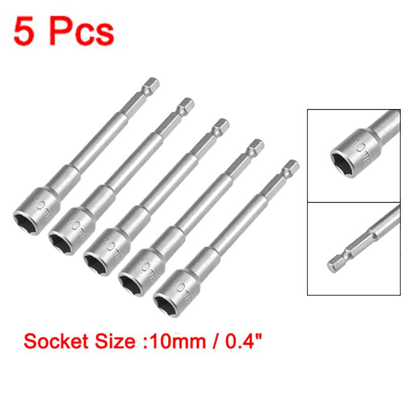 5Pcs 10mm Hex Sockets Non Magnetic Hex Shank Nut Sockets Driver Nut Driver 1/4" Quick Change Screwdriver Kit 100mm Length