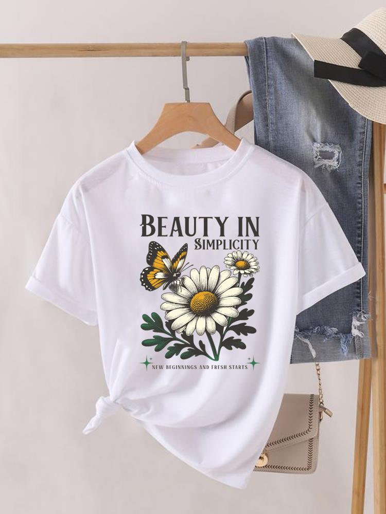 (Asian Size) Sweet Flower Printed Clothing Lady Female Top Casual T Shirt Fashion Short Sleeve T-shirts Women Graphic Tee