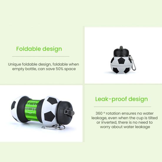 Collapsible Silicone Ball Water Bottle, 550ml Foldable Football Bottle with Climbing Buckle, Leak Proof Spill Resistant Outdoor Sports Travel Bottle