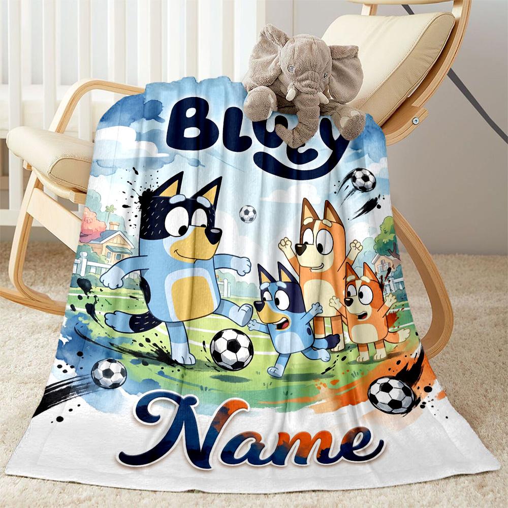 Bluey's Soccer Fun Personalized Text Blanket Cozy Personalized Blanket Durable Comfort Perfect for Couch Living Room Livingroom Bed
