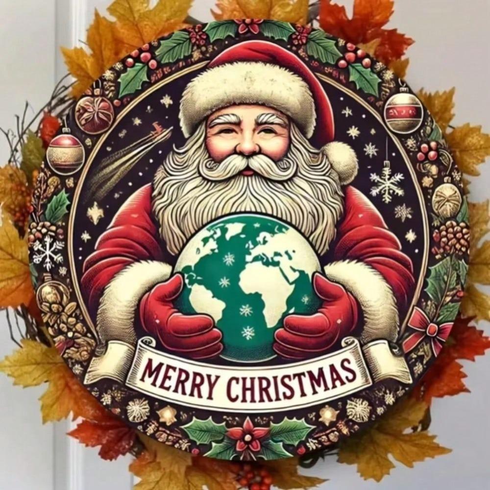 Christmas Santa Claus 2D Metal Wall Art Round Iron Sign Durable Windproof Waterproof Home Decor