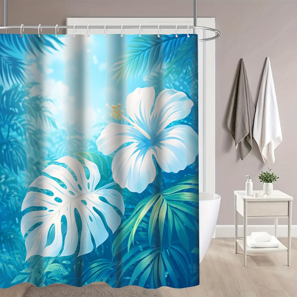 4Pcs Tropical Hibiscus Shower Curtain Set with Non-Slip Bath Mat, Toilet Lid Cover, Contour Rug & 12 Hooks, Bathroom Decor