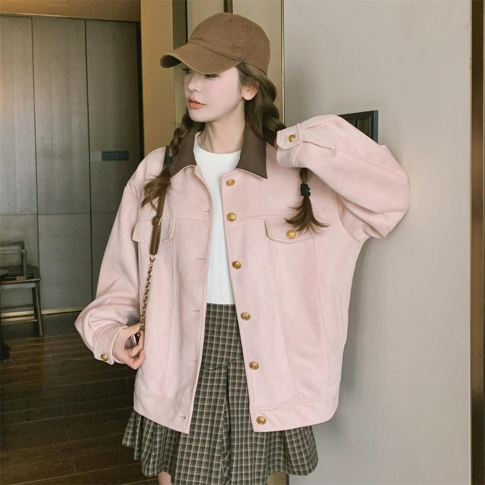 Pink Suede Tooling Jacket Women's Autumn and Winter Sweet Little Casual Jacket Top