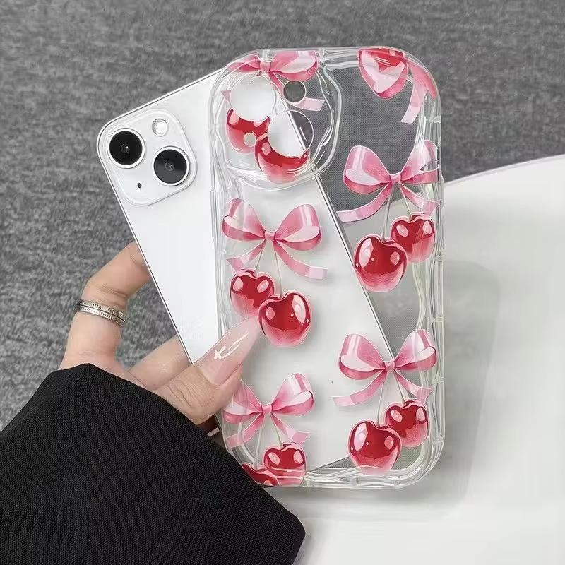 Pink Cherry Bowknot Pattern Wavy-edge Phone Case For iPhone 17 Pro Max 16 15 14 Plus 13 12 11 Pro Max 16e 17e Transparent Cover