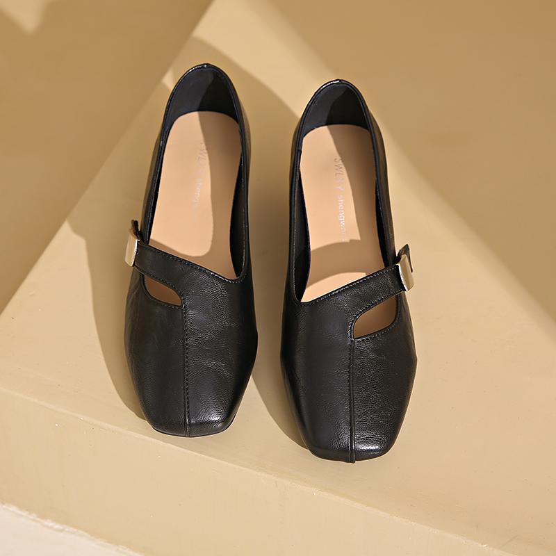 Fashion Women's Chunky Single Shoes Spring New Square Head Shallow Hollow Metal Buckle Soft Sole Non-slip Low-top Shoes