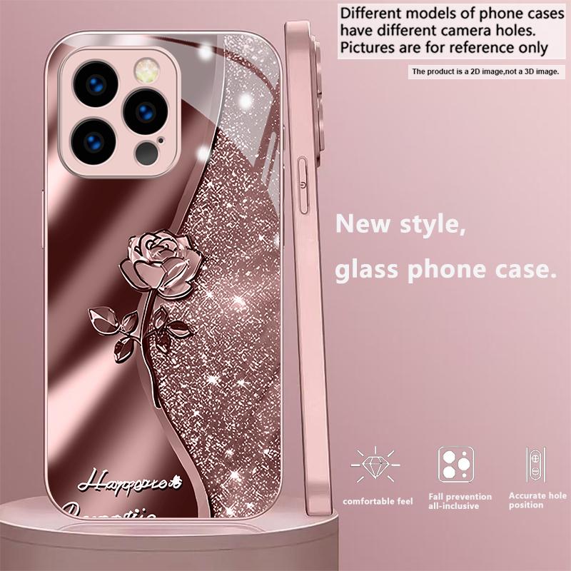 Sparkle Rose Emboss Pink Metallic Glass Phone Case For iPhone 11 12 13 14 15 16 17 Pro Max Plus 17Air 16E 7 8 Xr XsMAX Cover