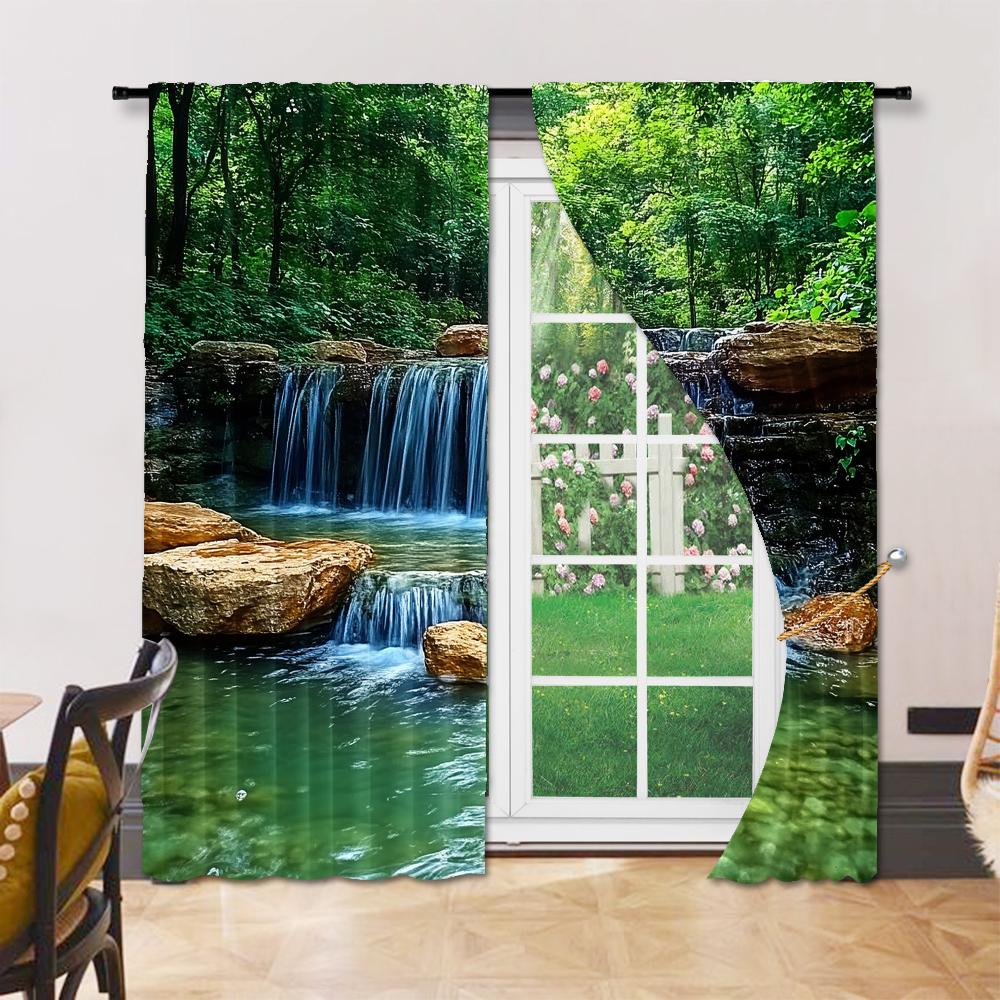 2 pcs, versatile polyester transparent curtains for home decoration Rainforest Waterfall Natural for use in bedrooms and living