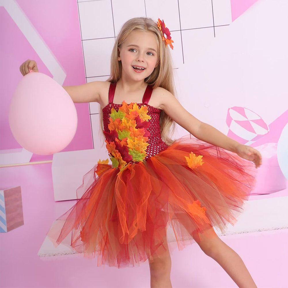 Maple Leaves Princess Dress with Hairpin Tulle Dress Fashion Dance Costumes Girls