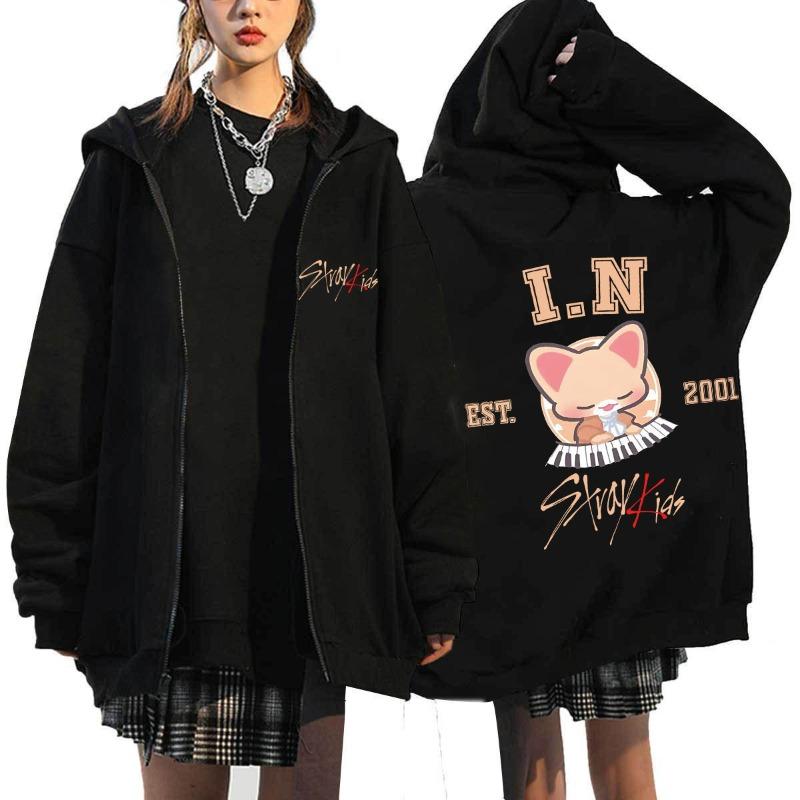Maglione con cappuccio e cerniera loose Stray Kids versione Q stampato Harajuku maglione con cappuccio maglione con cerniera maglione all'ingrosso