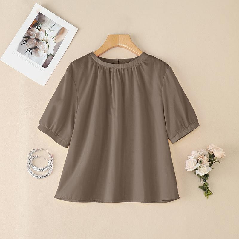 

ZANZEA Women Summer Round Neck Loose Short Sleeve Solid Blouse 5XL світло-коричневого кольору