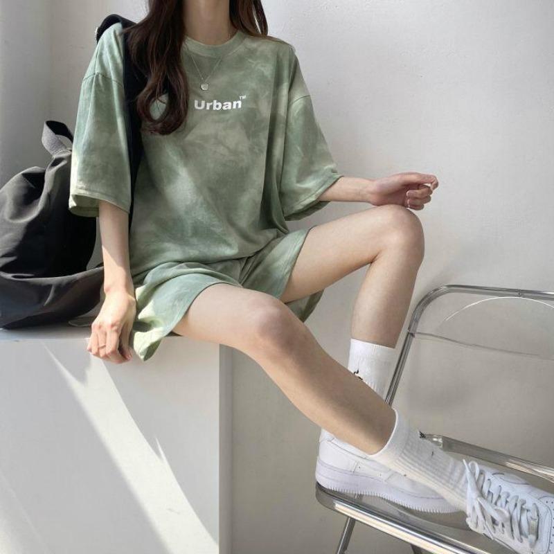 Women Fashion 2Pcs Tie-dyed Tracksuit Set Casual Loose T Shirt Shorts Set Summer Sport Suit Leisure Suit