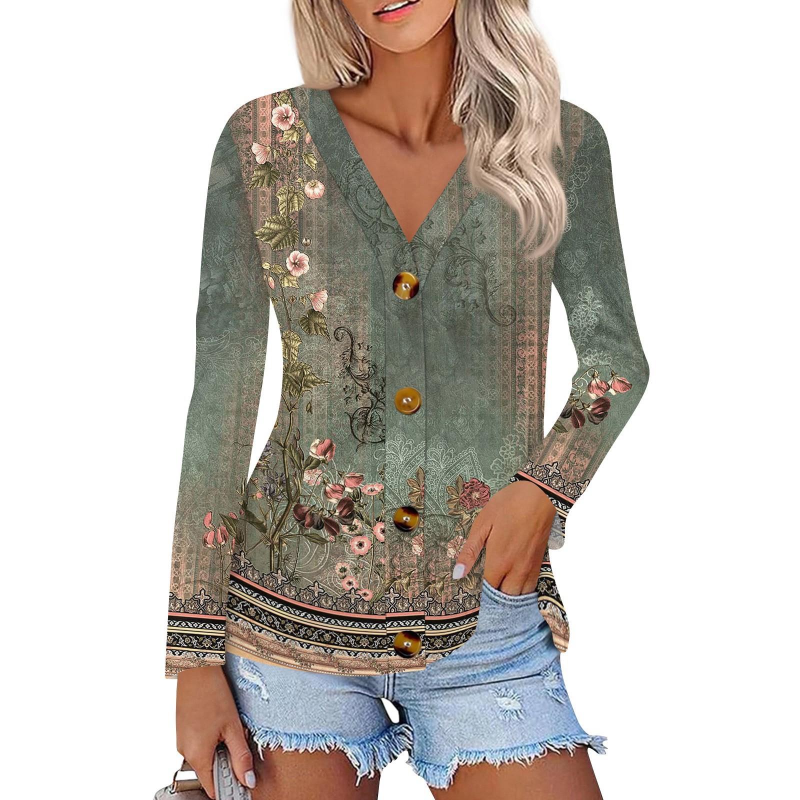 

Women s Fashion Casual Print Button-down Shirt Long Sleeve Tops L армія зелений колір