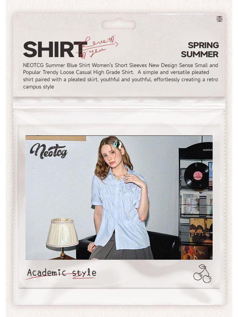 Damen NEOTCG Sommer Blau Plissee Kurzarmhemd - Neues Design, Trendy, Lockerer Schnitt, Hochwertiger Lässiger Stil