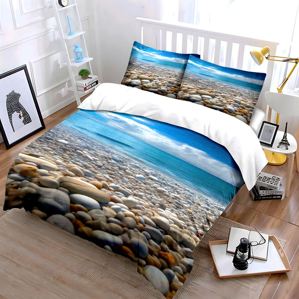 Set Biancheria da Letto 3 Pezzi Spiaggia Tropicale con Sassi, Copripiumino con Stampa Cielo Blu e Mare + 2 Federe, Sereno Motivo Costiero per Camera da Letto