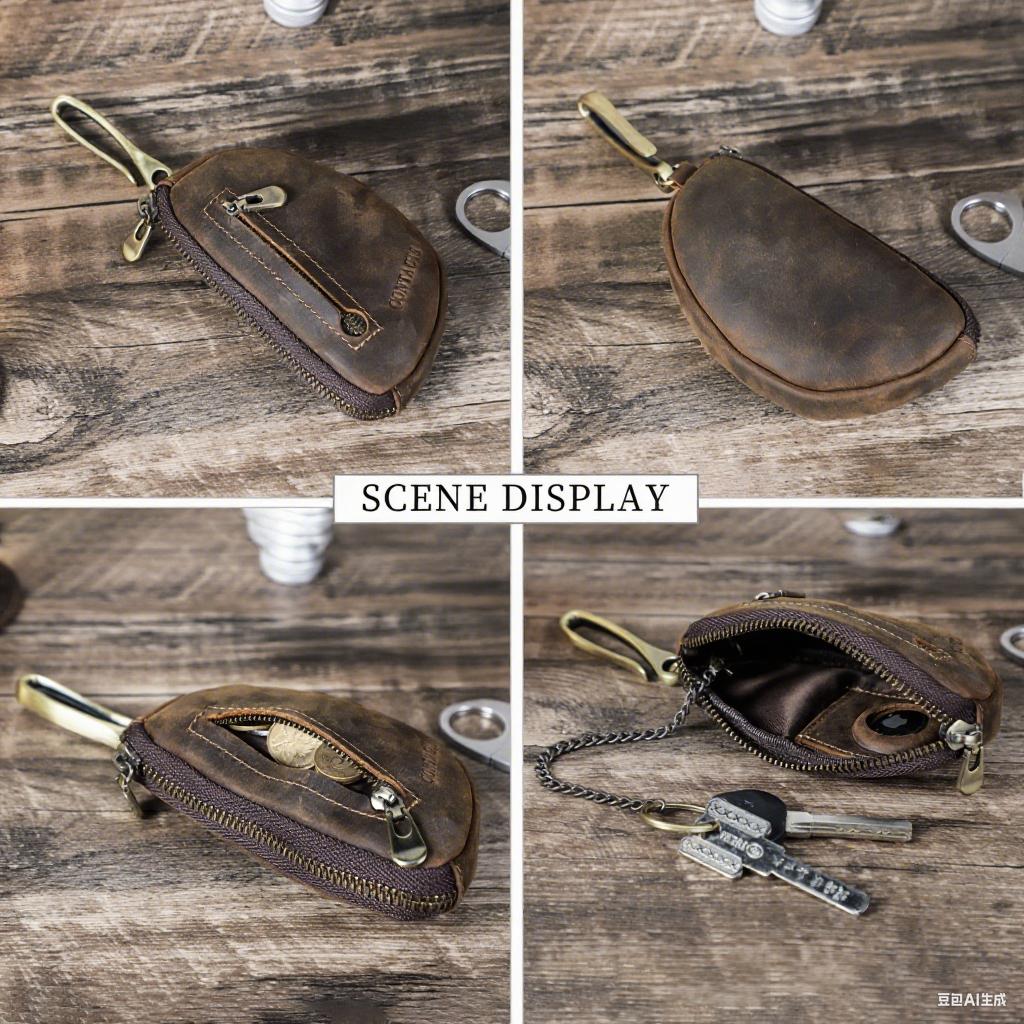 Contact's Handmade Leather Key Pouch Anti-lost Vintage Crazy Horse Leather Key Wallet With Airtag Slot Small Pouch for Keys Coin