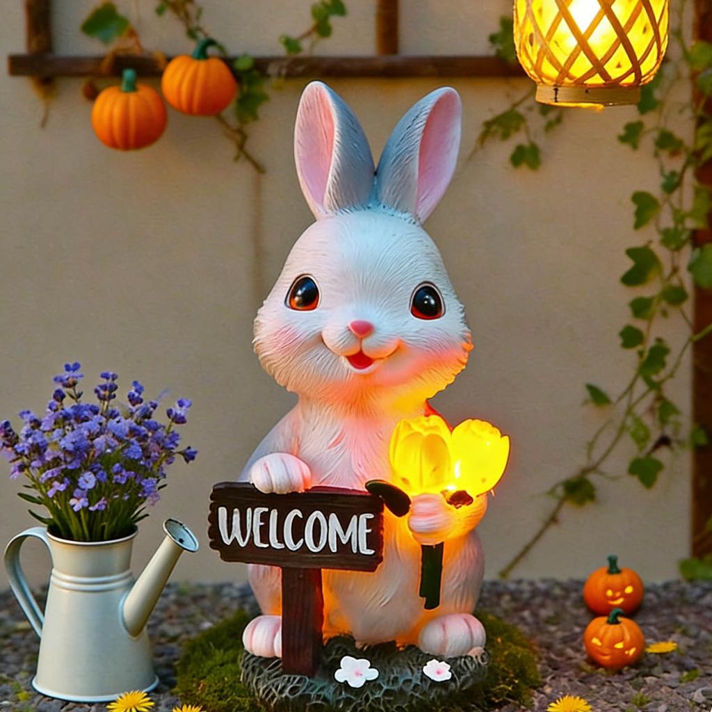 Solar Garden Outdoor Bunnies Statue with LED Light Bunnies Figurines Decors for Patios,Yard Lawn Ornament Gardening Gift