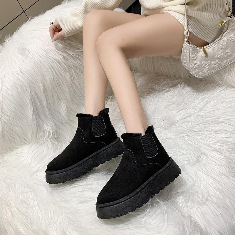 Snow boots women's winter warm student large size cotton shoes women's shoes new solid color elastic mouth flat bottom short cotton boots
