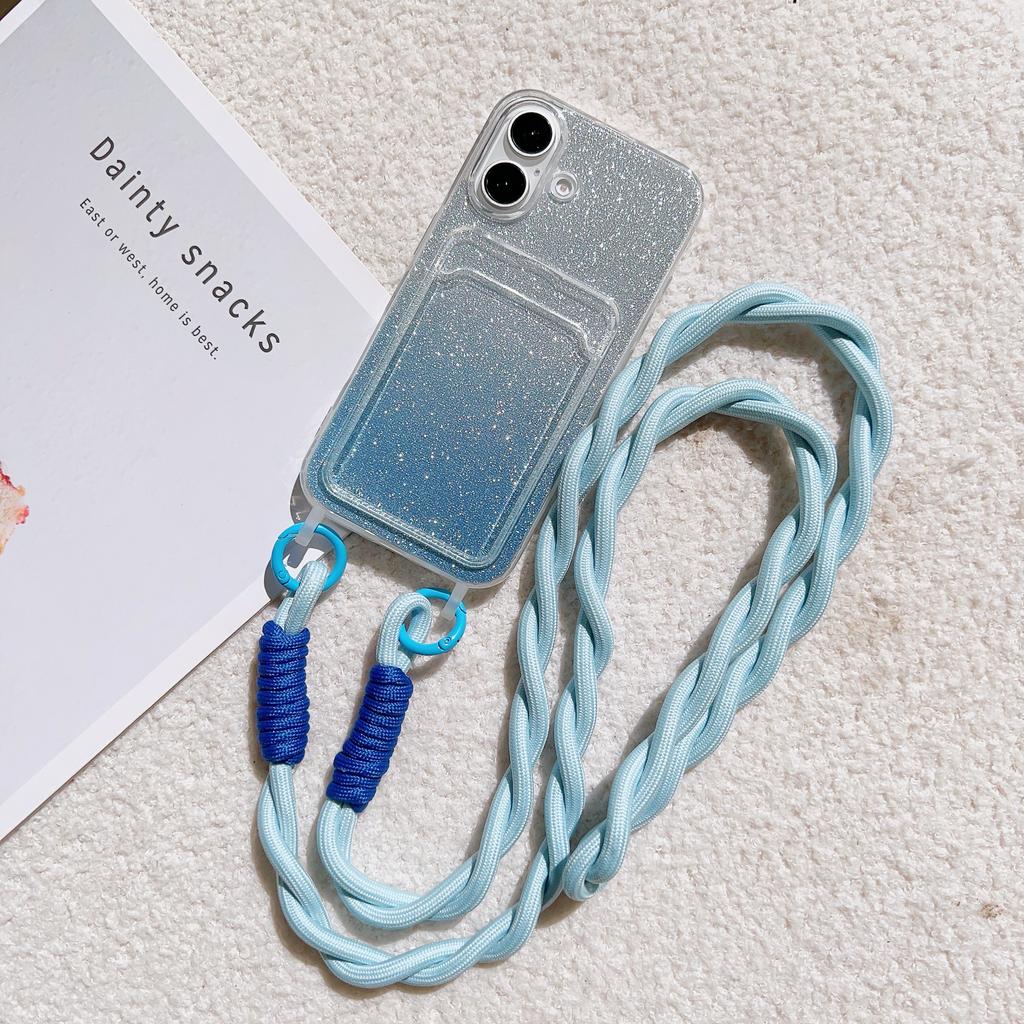 Crossbody Lanyard Strap Card Holder Glitter Gradient Case For iPhone 16 15 14 Pro Max Plus 12 13 Mini 11 7 8Plus XR XS Max Cover