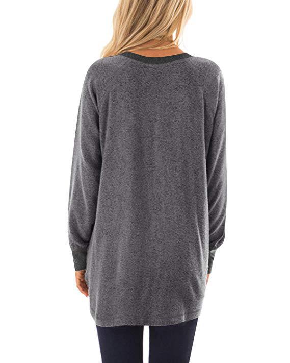 Sweatshirt à col rond bloc de couleur avec poche pour femme - Manches longues T-shirt décontracté