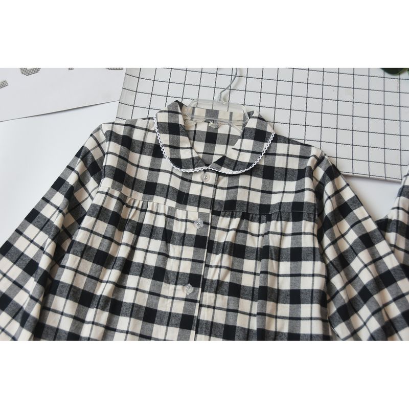 Spring and Autumn Women's Pure Cotton Cotton Velvet Gingham Long Sleeves Pajamas Casual Comfortable Homewear Suit