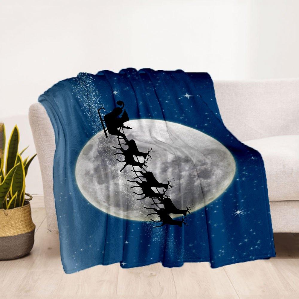 Weihnachtsmond Weihnachtsmann Schlitten Rentier Nachthimmel Poster DruckDecke Flanell Überwurfdecke für Sofa, Bett, Reisen, Camping, Büro, Couch