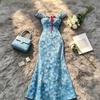 Pure Desire Sexy Floral Short-sleeved Dress Women's Summer New Slim and Thin High-end Hip-wrapped Fishtail Long Skirt