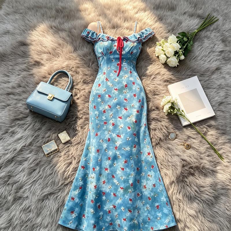 Pure Desire Sexy Floral Short-sleeved Dress Women's Summer New Slim and Thin High-end Hip-wrapped Fishtail Long Skirt