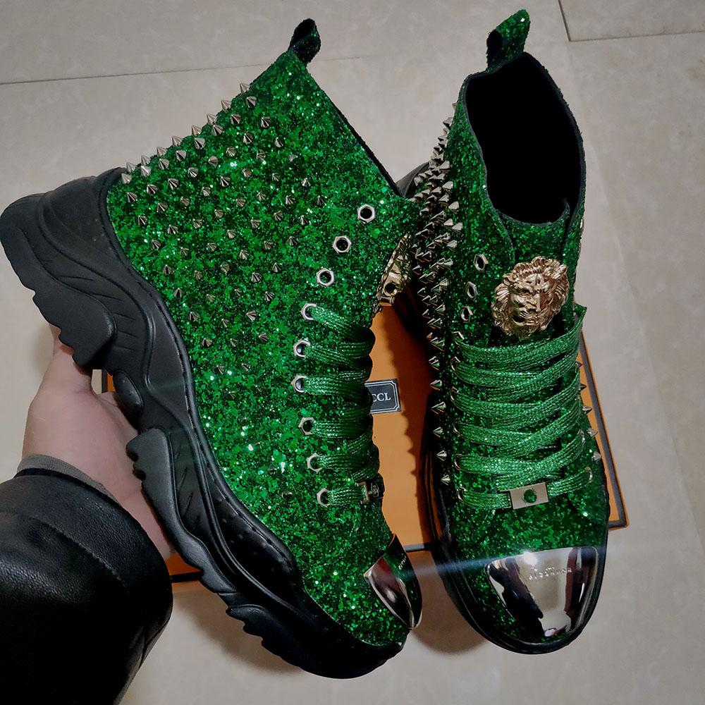 Luxury Rivet Boots Men's Shoes Designer Sneakers Me N Punk High Tops Gold Red Light Bottom Casual Platfo A7